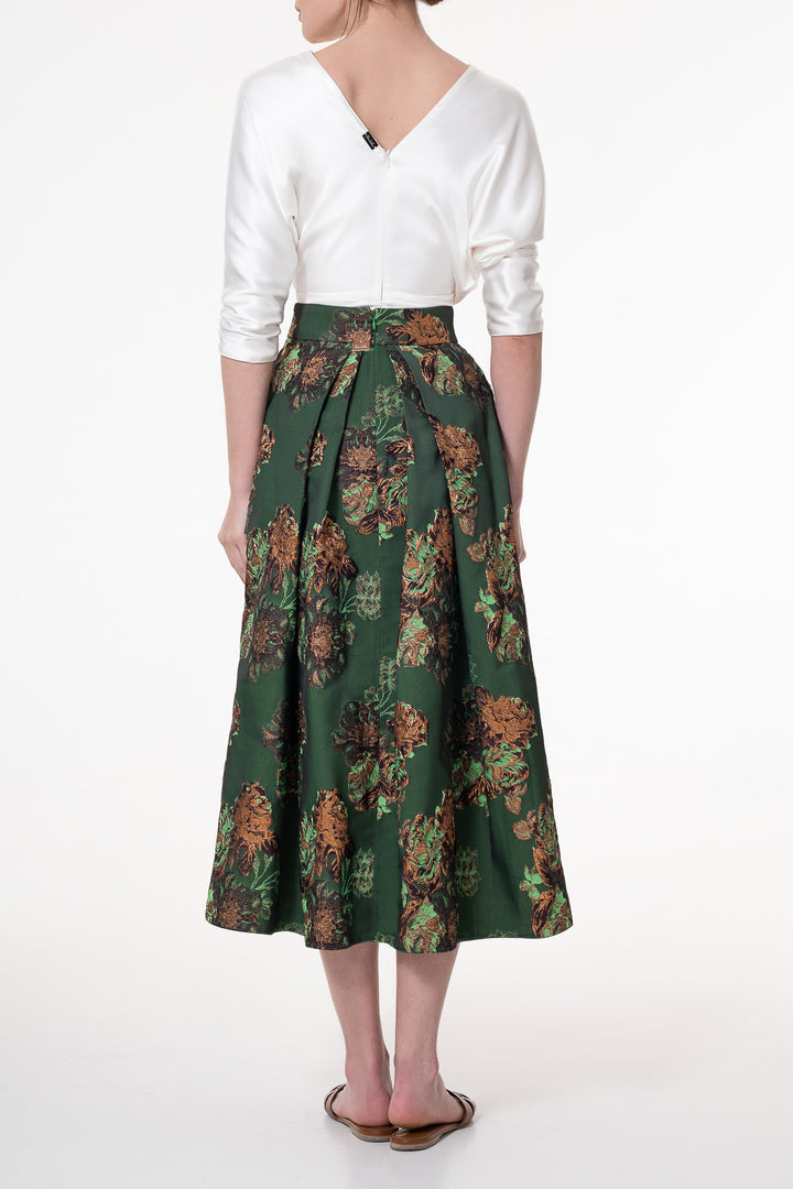 Jasmine Flowers Structured Jacquard Skirt Emerald