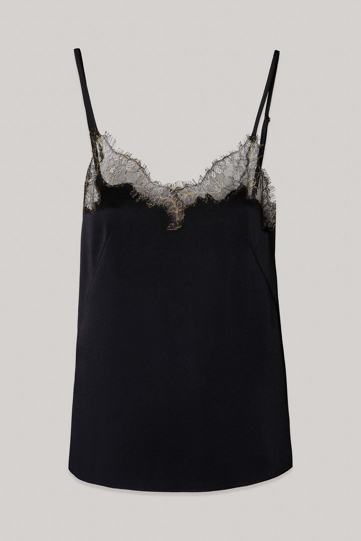 Top Camisole Top in Satin with Lace Insertions In Black-Gold