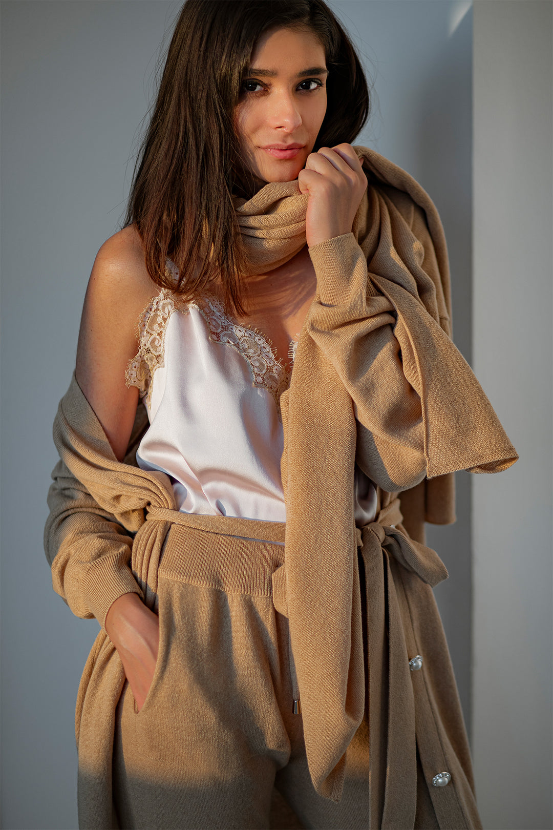 Top Camisole Top in Satin with Lace Insertions In Cipria-Gold