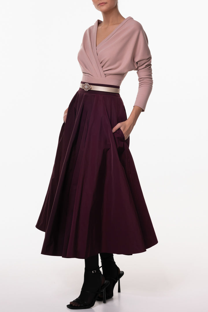 Taffeta Midi Skirt In Burgundy
