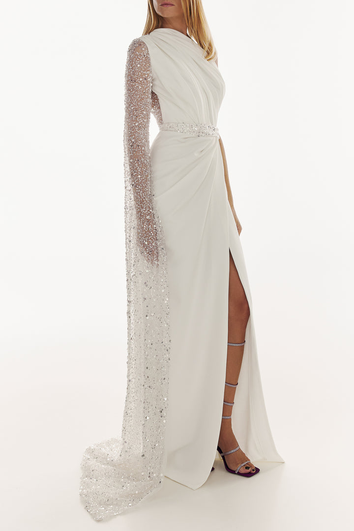 Inaya Ivory & Silver Crepe Dress