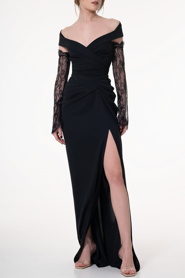 Athena Black Crepe Long Dress