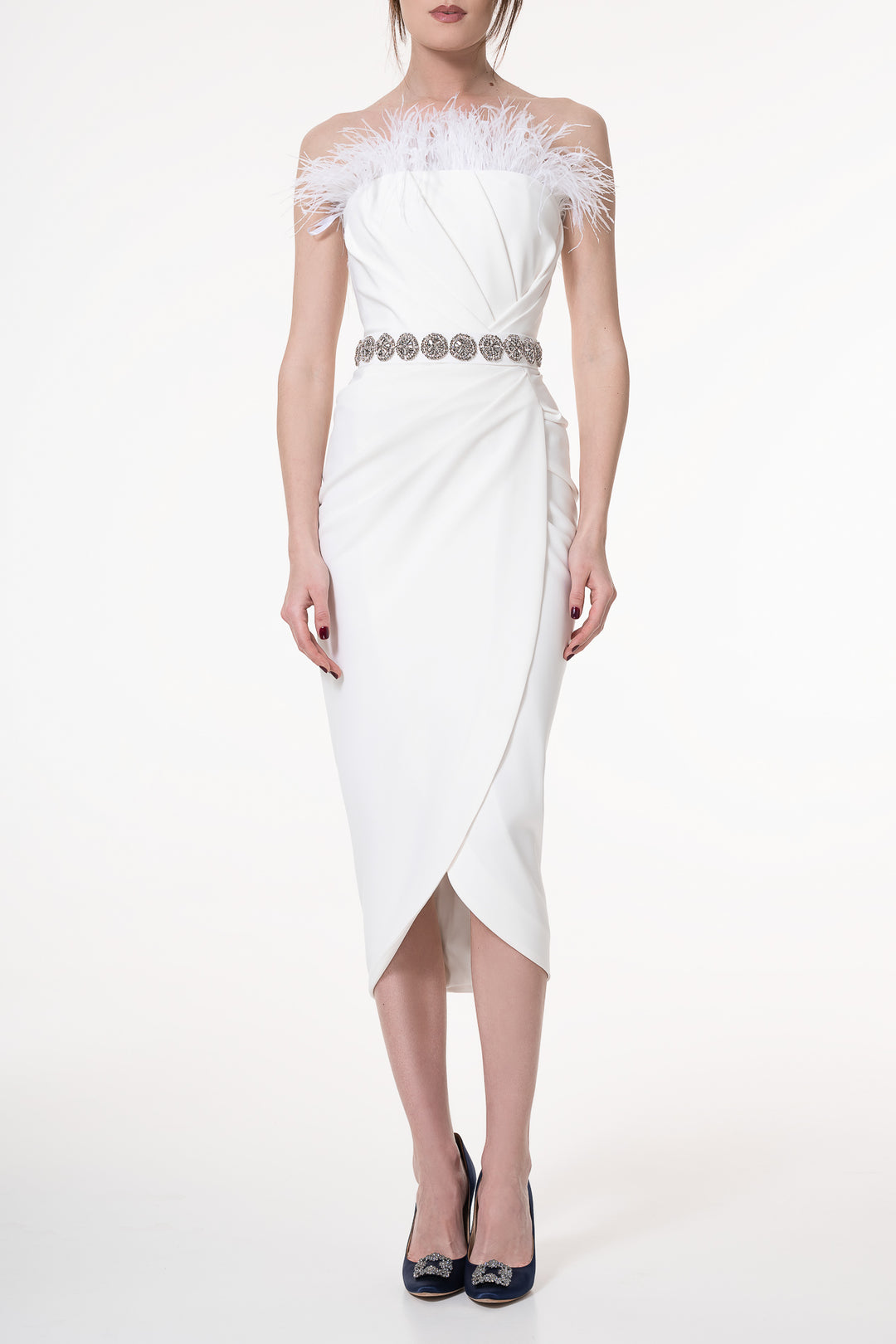 Raisa Ivory Feather Trimmed Midi Crepe Dress