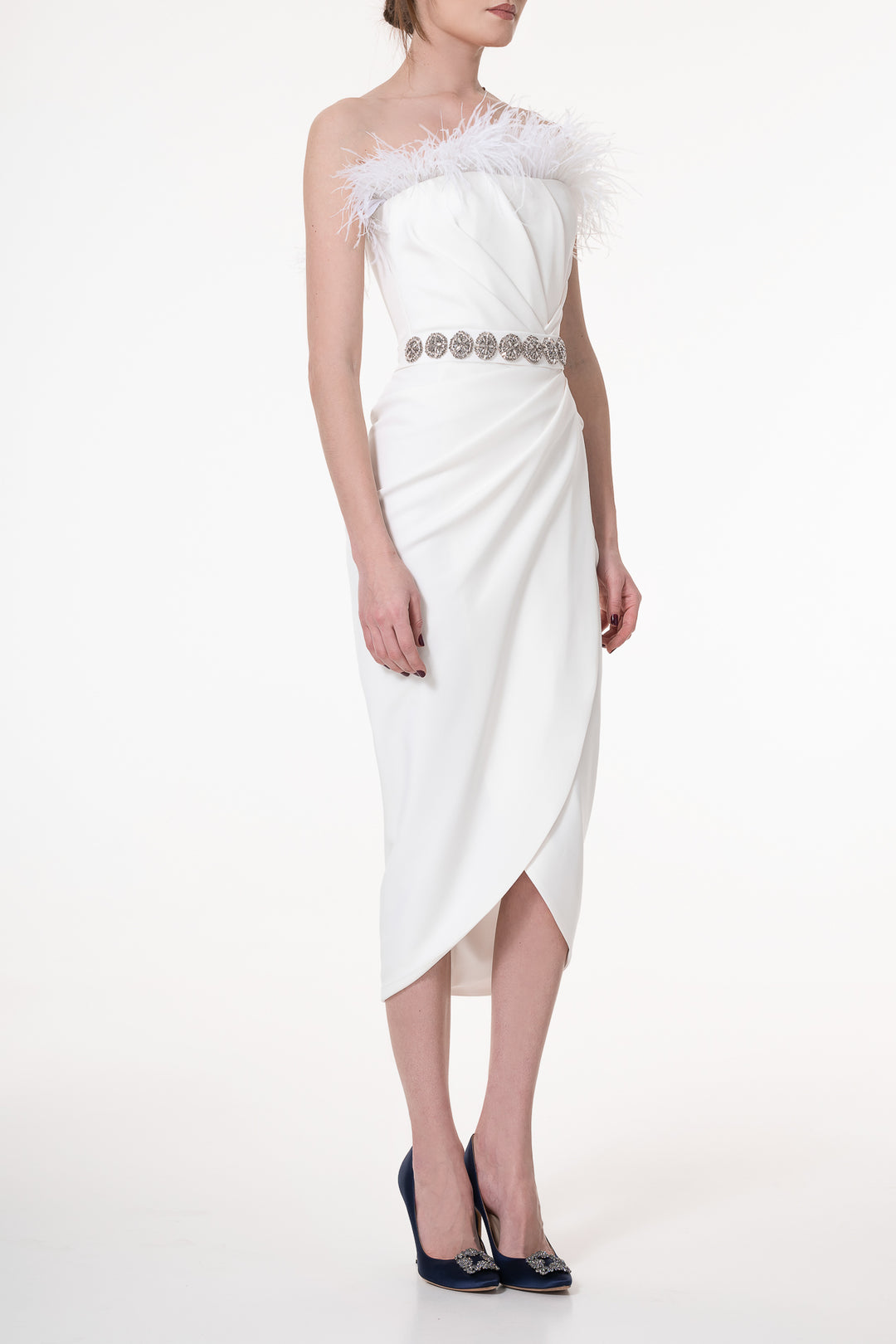 Raisa Ivory Feather Trimmed Midi Crepe Dress