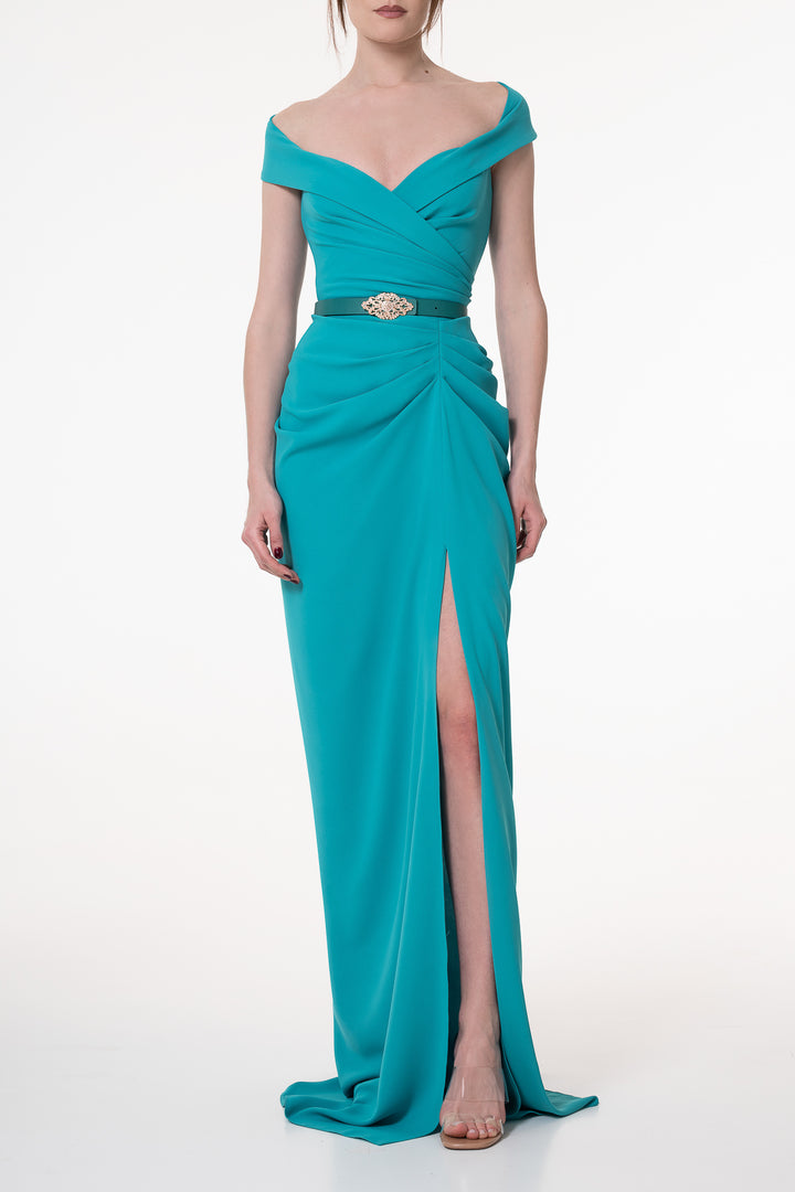 Athena Teal Crepe Long Dress