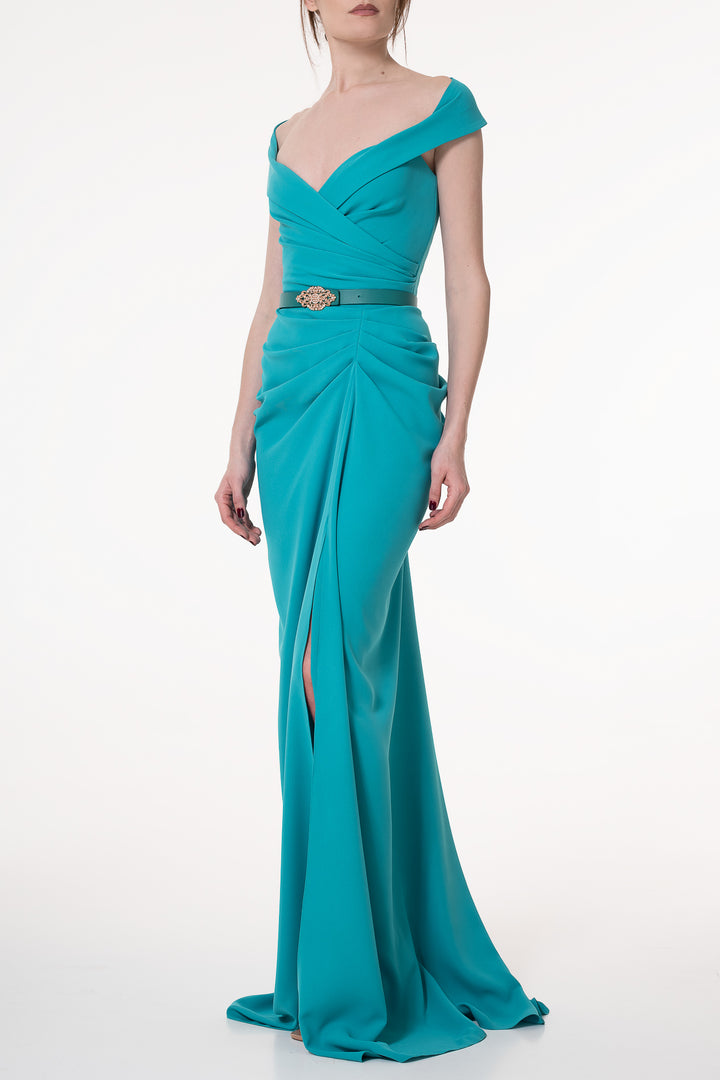 Athena Teal Crepe Long Dress