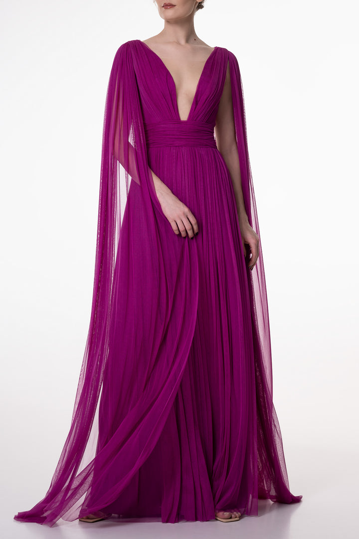 Elmira Silk Tulle Long Dress In Magenta
