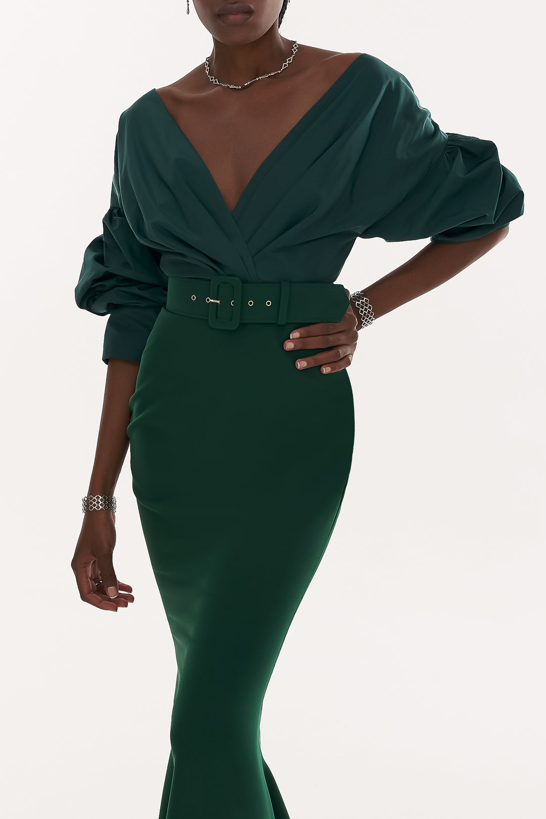 Gianna Taffeta Crepe Long Dress In Dark-Green