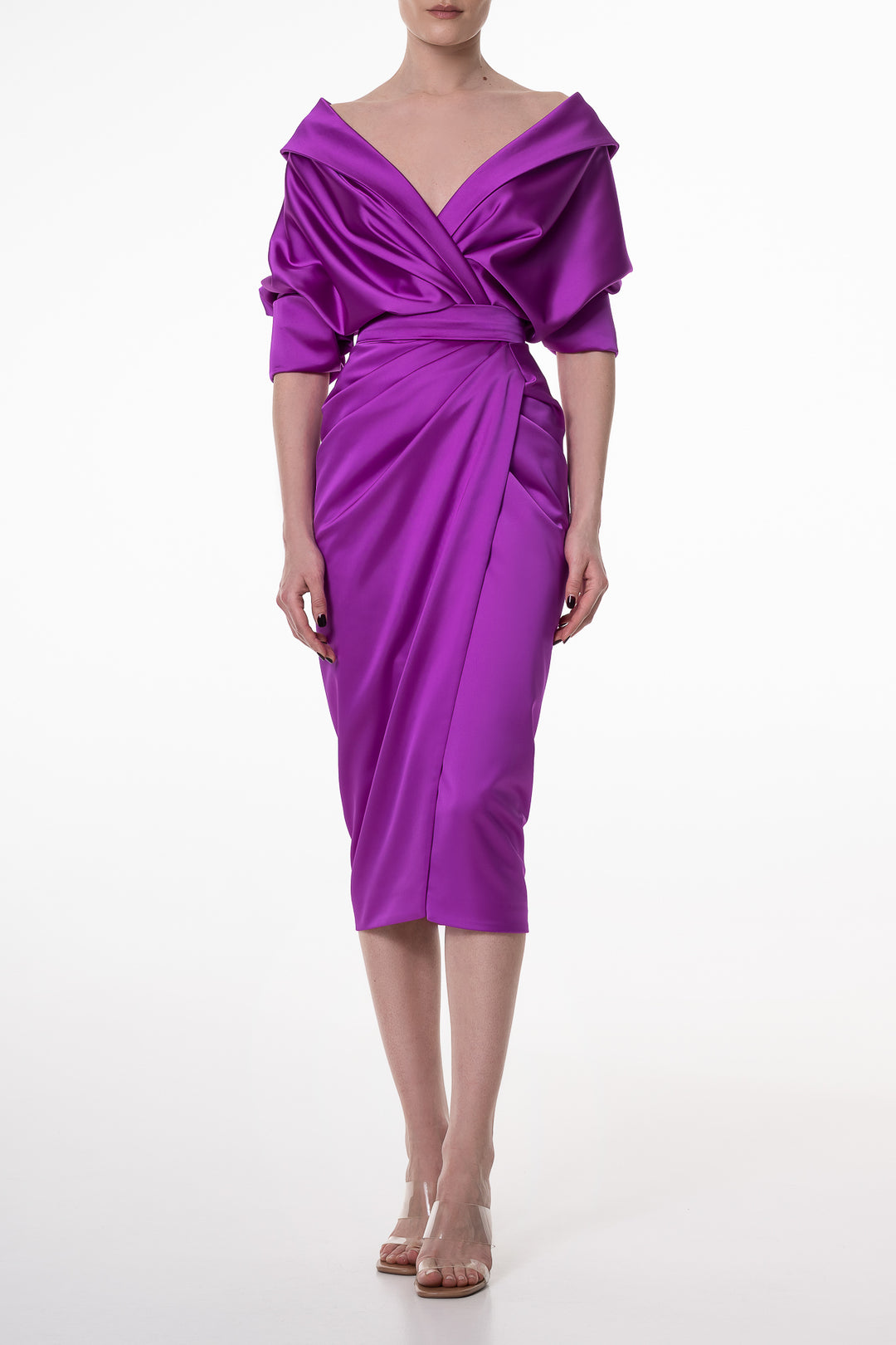 Angelina Satin Midi Dress in Violet