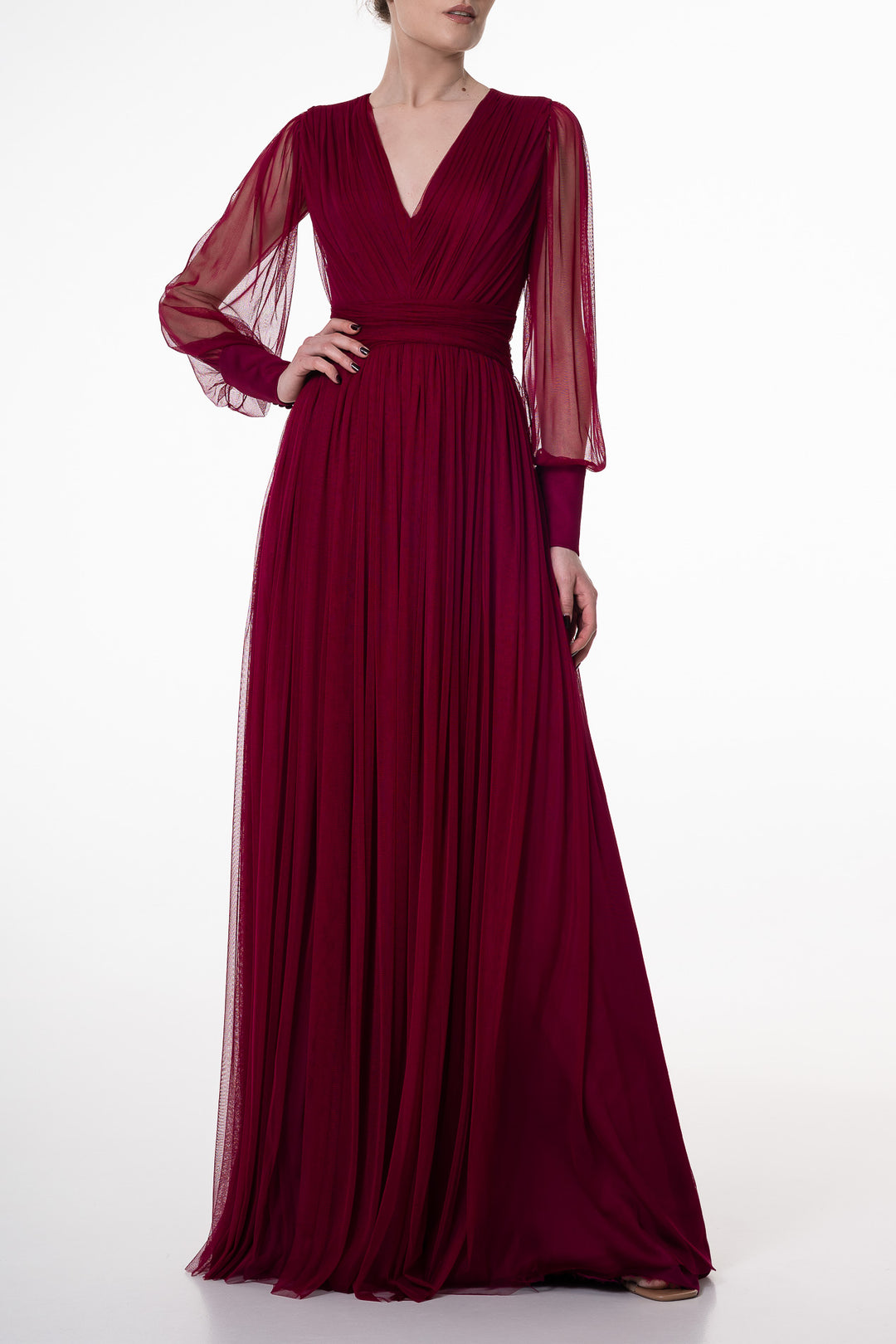 Kaya Silk Tulle Long Dress In Burgundy