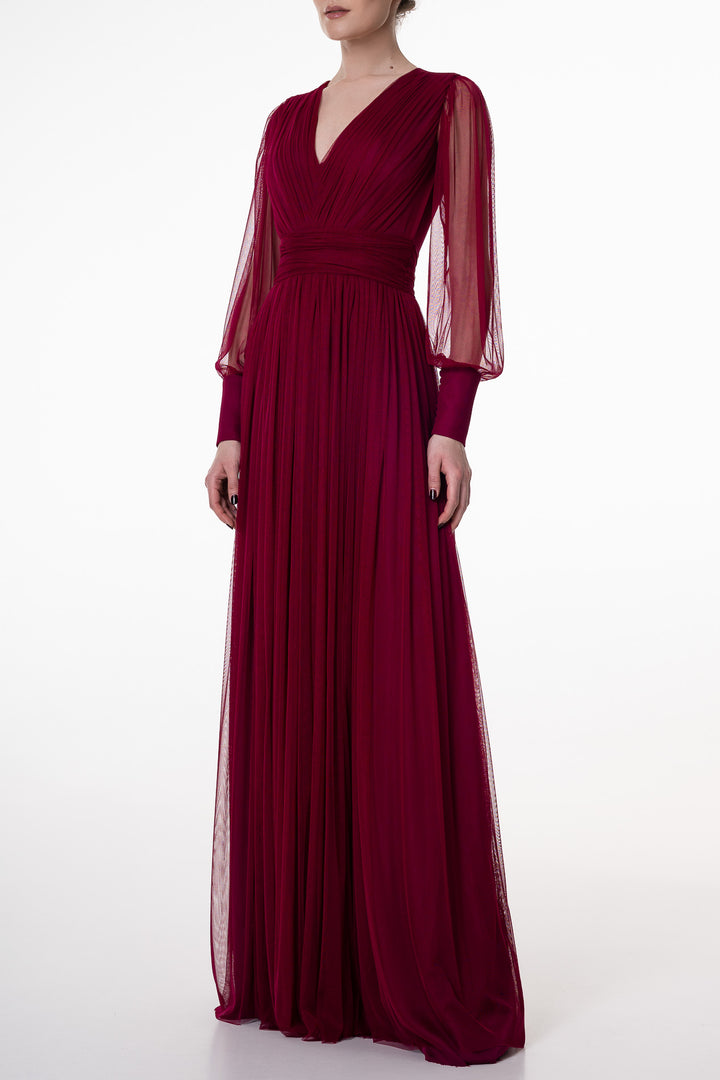 Kaya Silk Tulle Long Dress In Burgundy