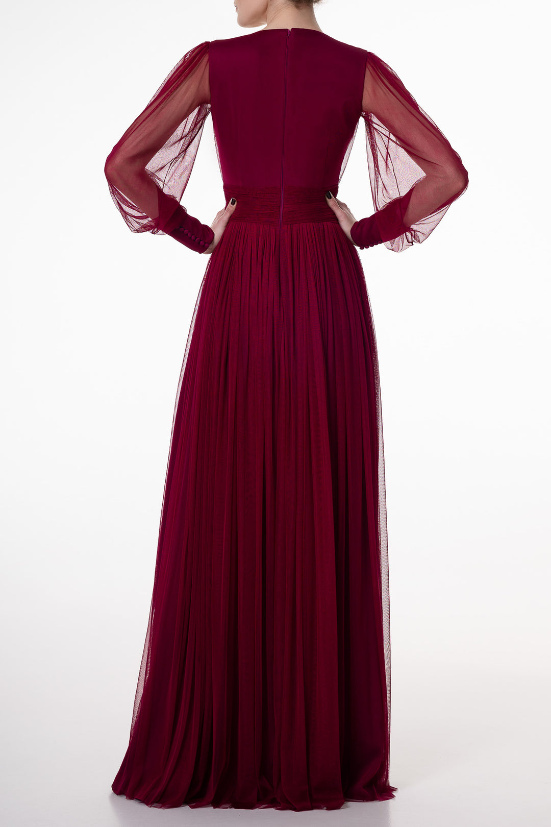 Kaya Silk Tulle Long Dress In Burgundy