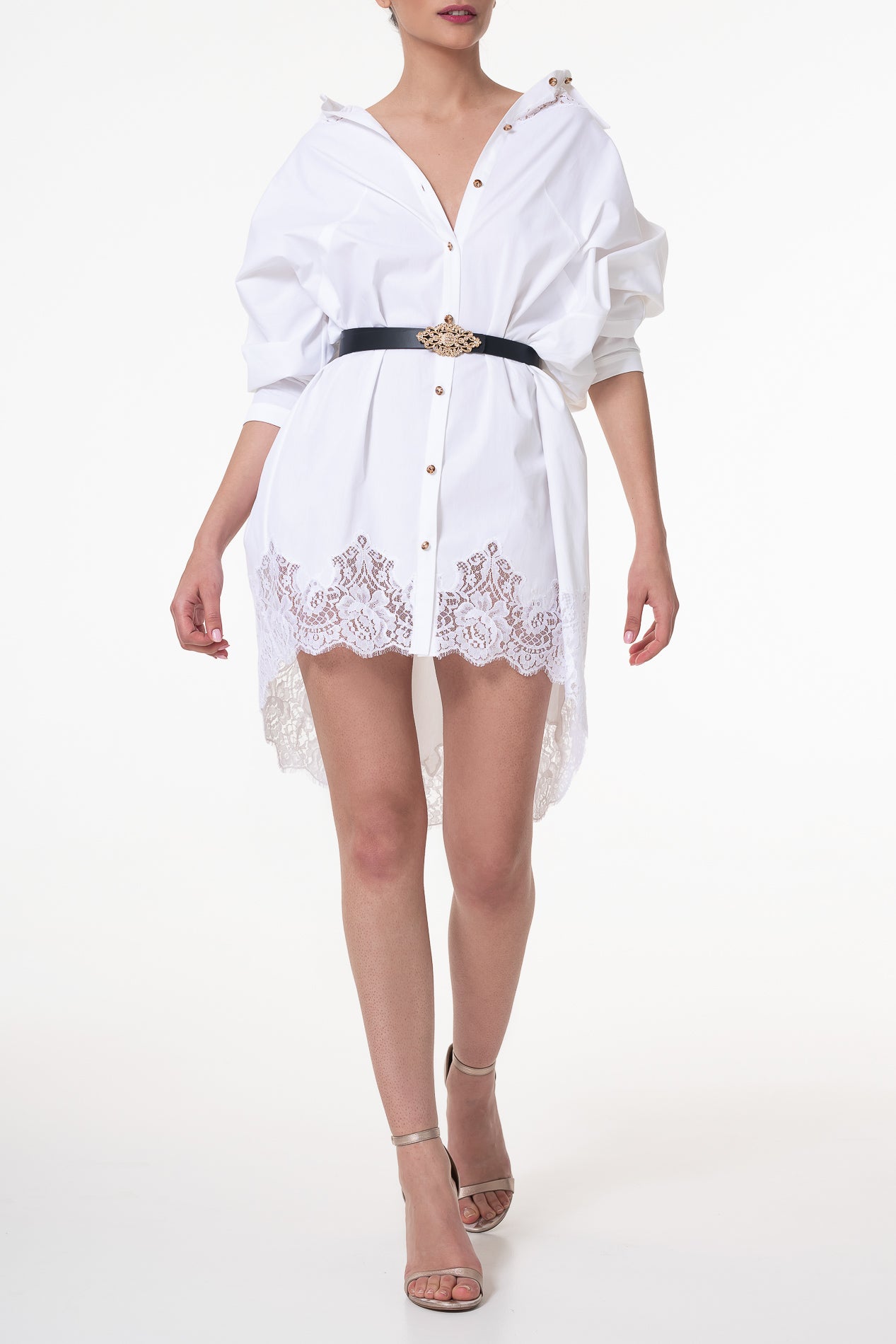 Gioia White Lace Inserts Cotton Shirt Dress With Gold Buttons Rhea Costa 8808