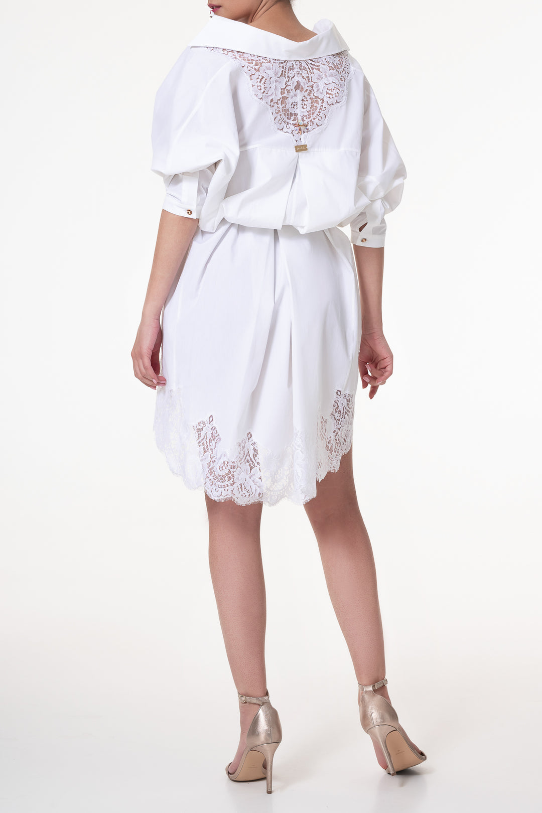 Gioia Lace Inserts Cotton Shirt Dress In White-Gold Buttons