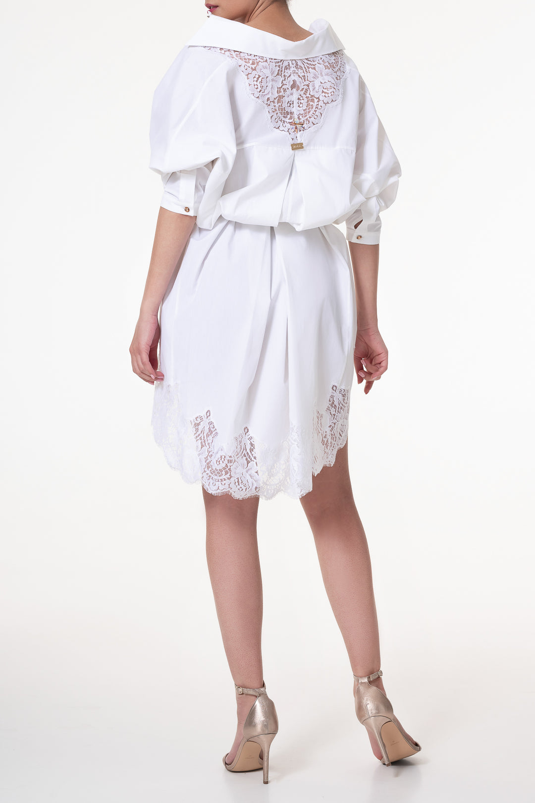 Gioia White Lace Inserts Cotton Shirt Dress With Silver Buttons