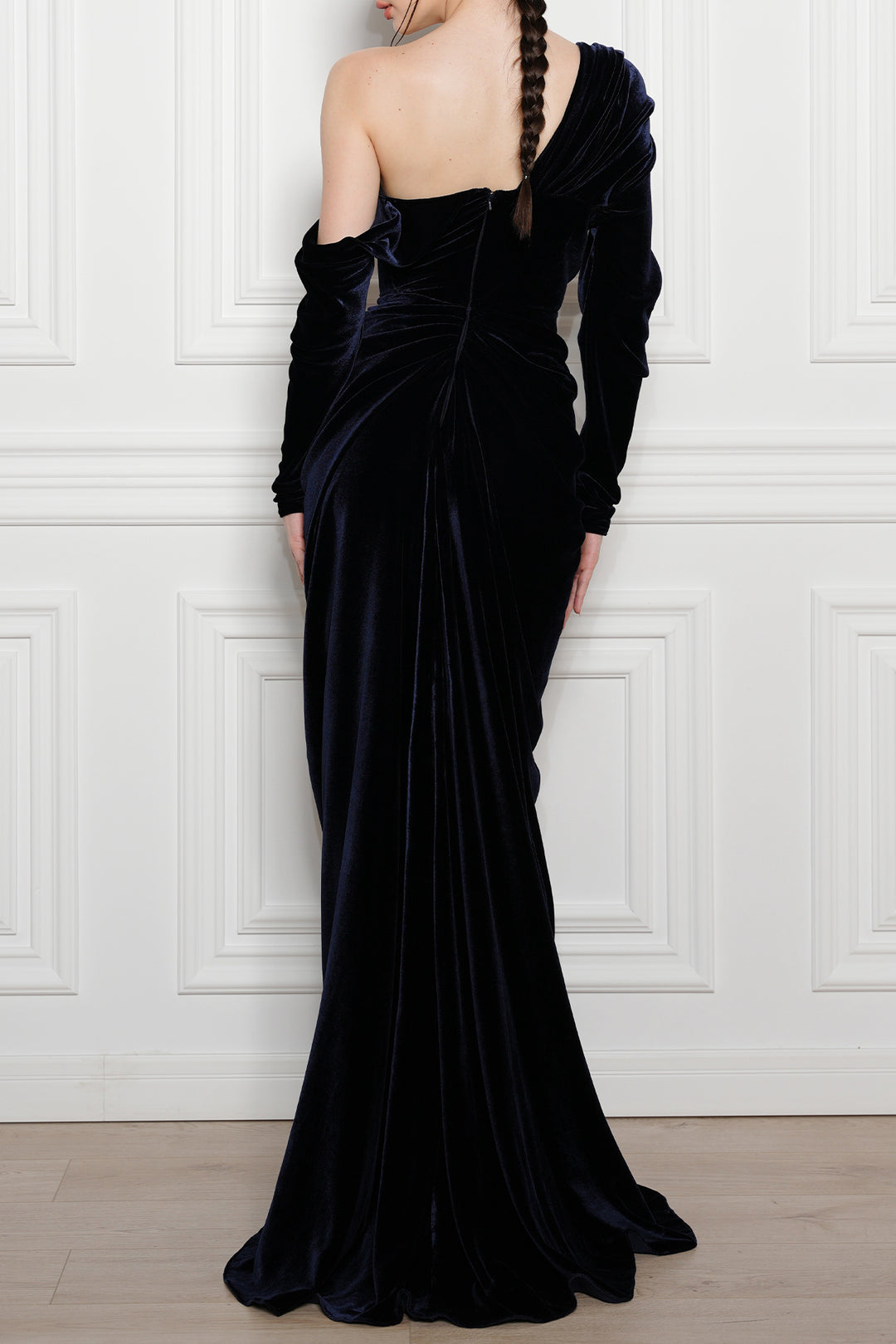 Zeina Long Velvet Gown in Midnight Blue