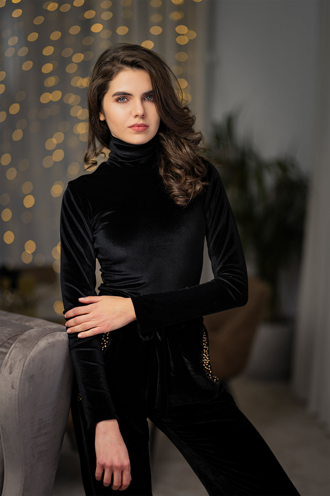 Unique Black Stretchy Velvet Bodysuit