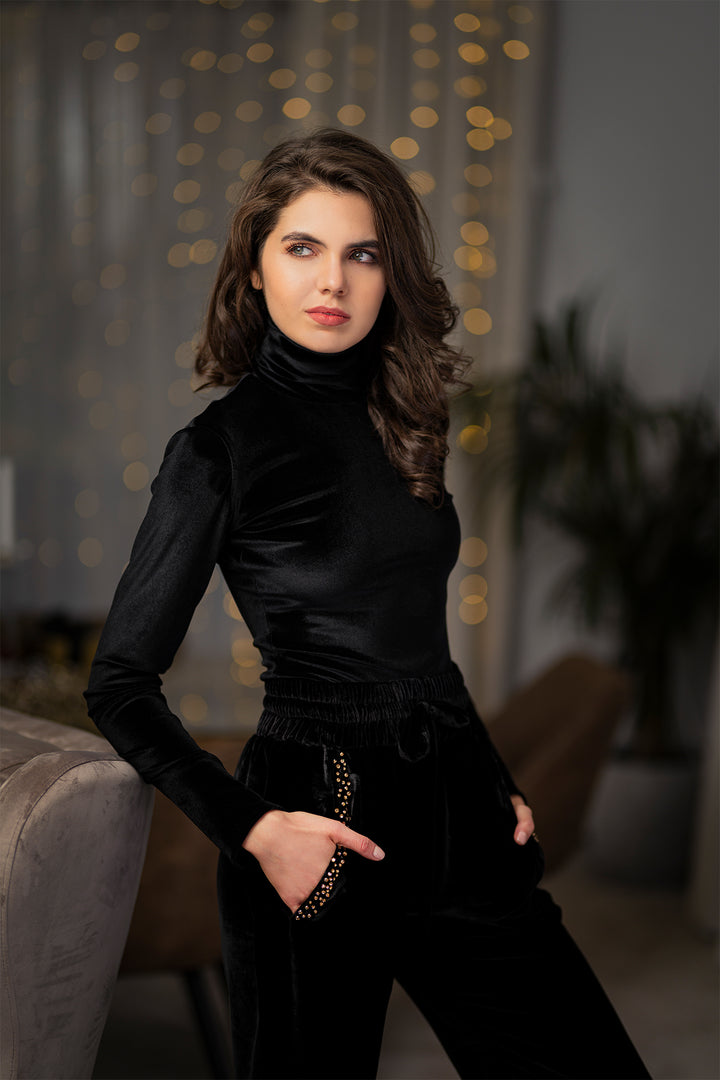 Unique Black Stretchy Velvet Bodysuit