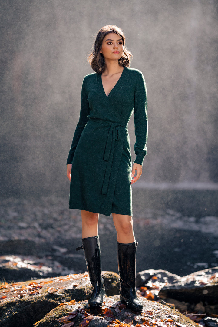 Amani Spruce Cashmere V-Neck Wrap Midi Dress