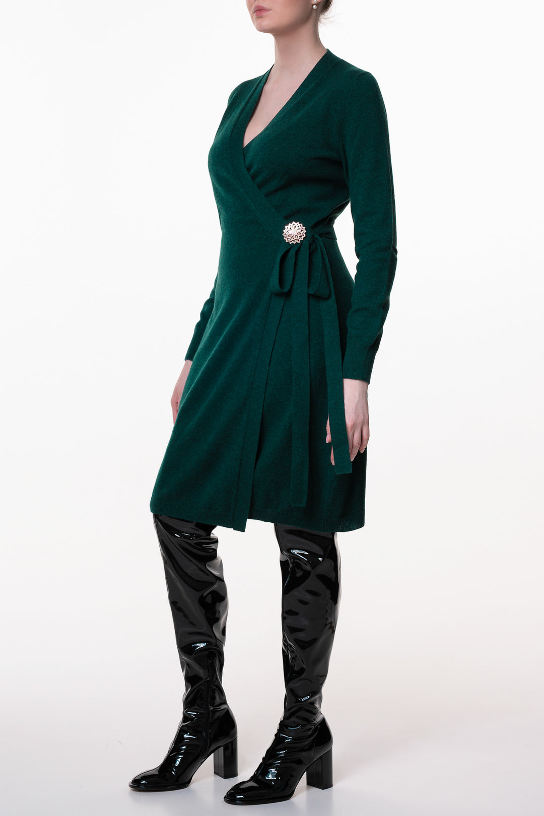 Amani Spruce Cashmere V-Neck Wrap Midi Dress