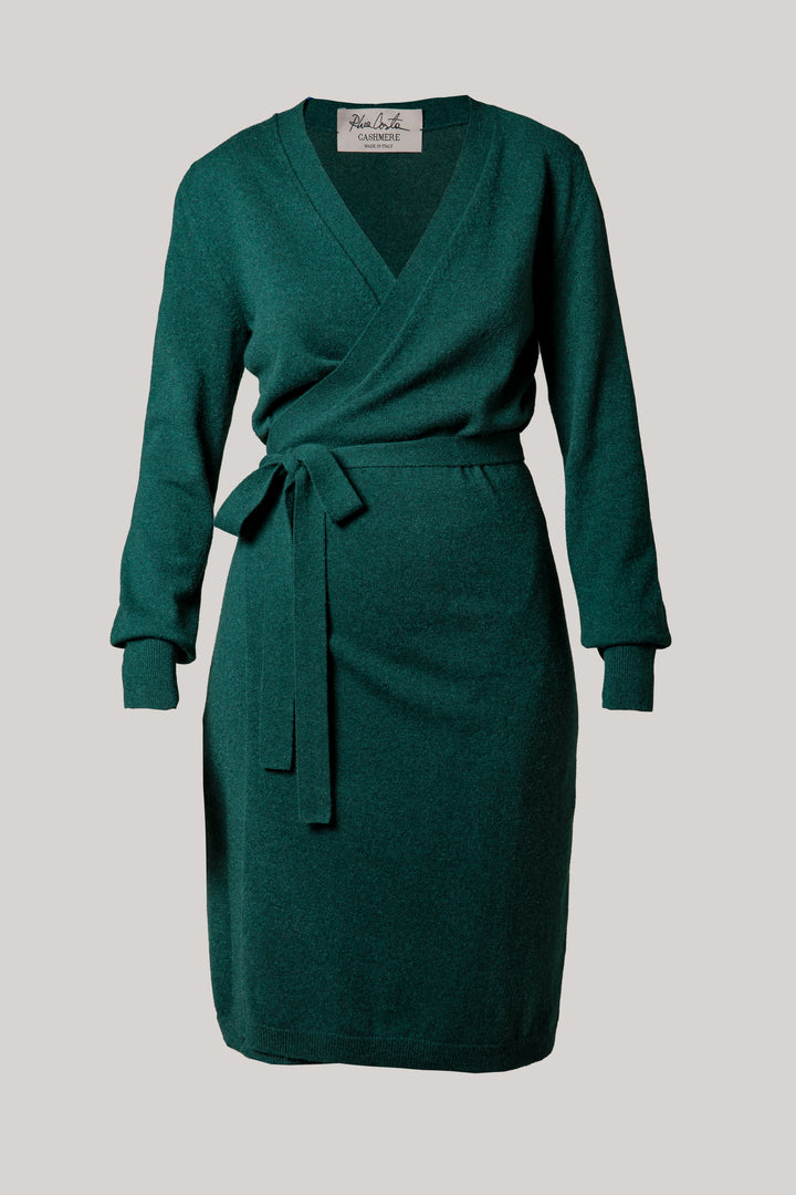 Amani Spruce Cashmere V-Neck Wrap Midi Dress