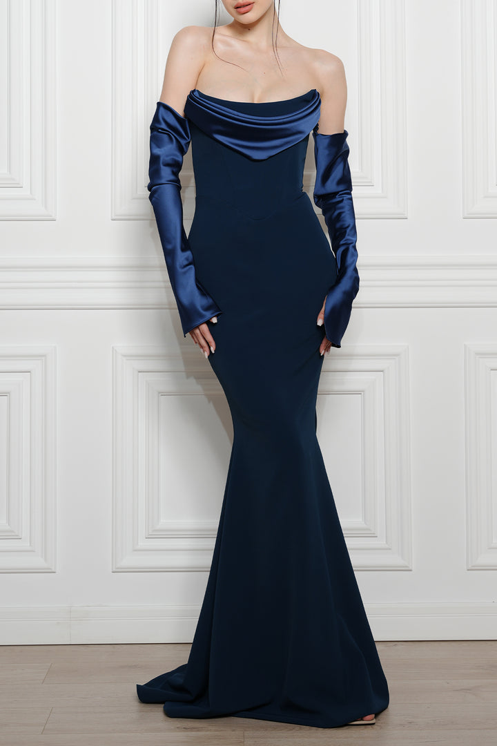 Raven Crepe Long Dress In Prussian-Blue