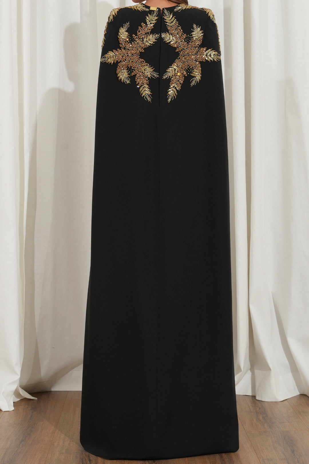 Dalia Crystal-Embroidered Cape Crepe Dress Black-Gold Rhea Costa Dalia Crystal-Embroidered Cape Crepe Dress Black-Gold Rhea Costa