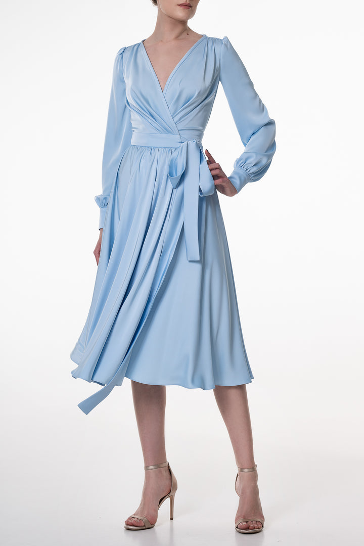 Louise Soft Blue Satin Crepe Midi Dress