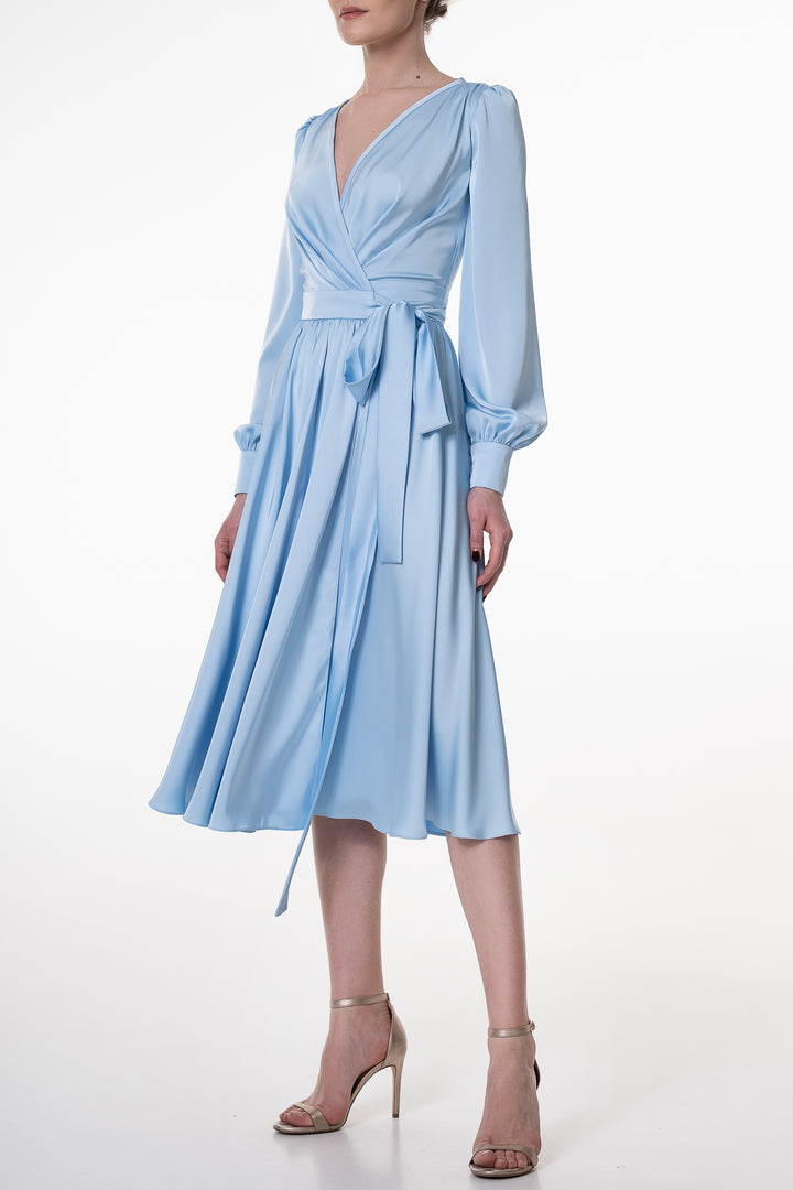 Louise Soft Blue Satin Crepe Midi Dress