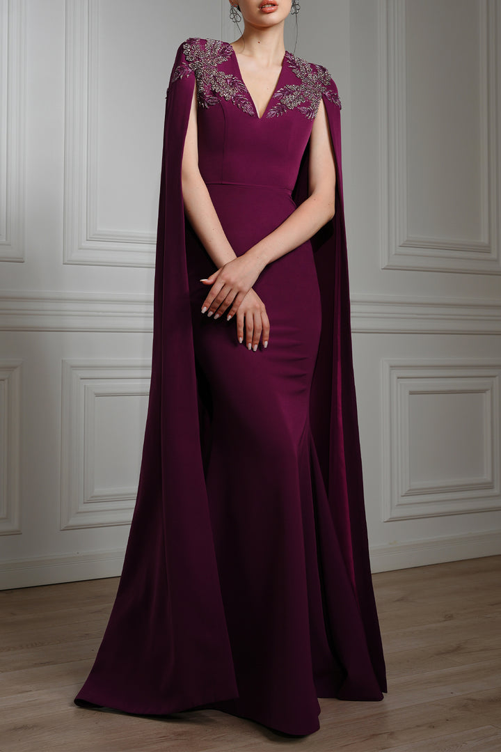 Dalia Crystal-Embroidered Cape Crepe Dress In Dark-Purple