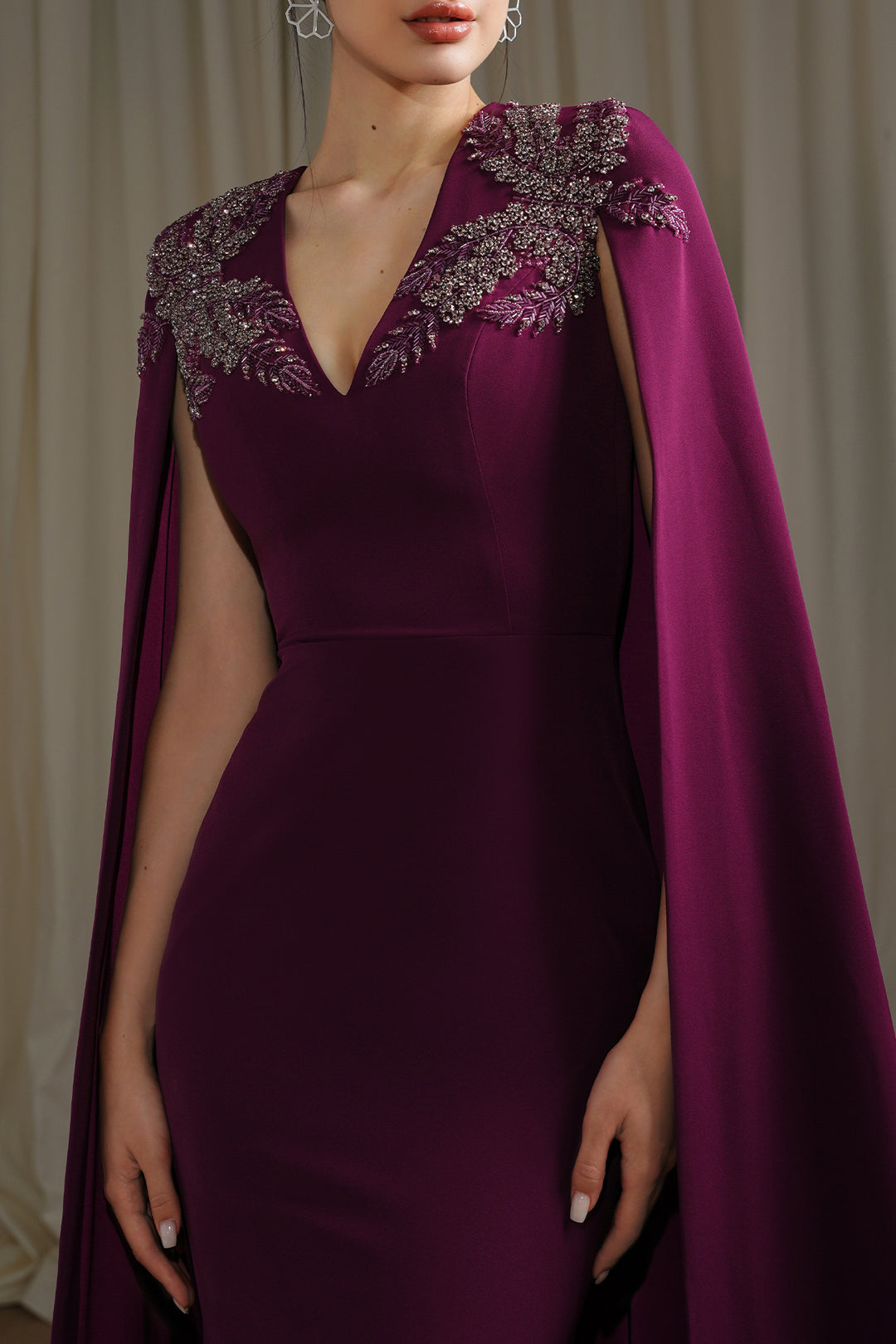 Dalia Crystal-Embroidered Cape Crepe Dress In Dark-Purple