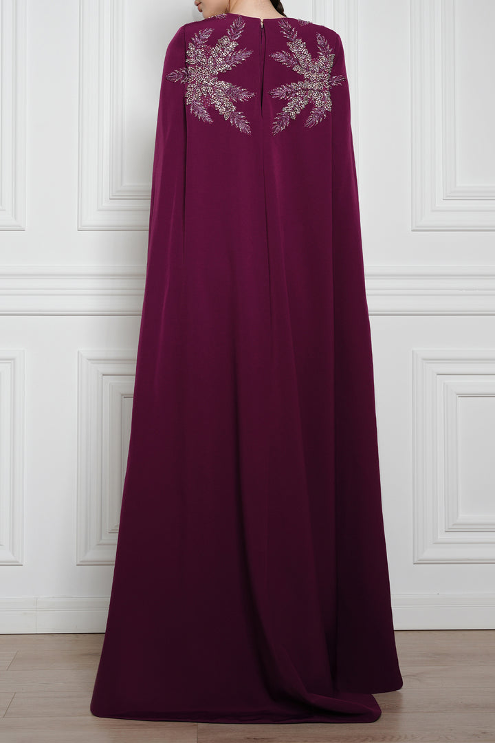 Dalia Crystal-Embroidered Cape Crepe Dress In Dark-Purple