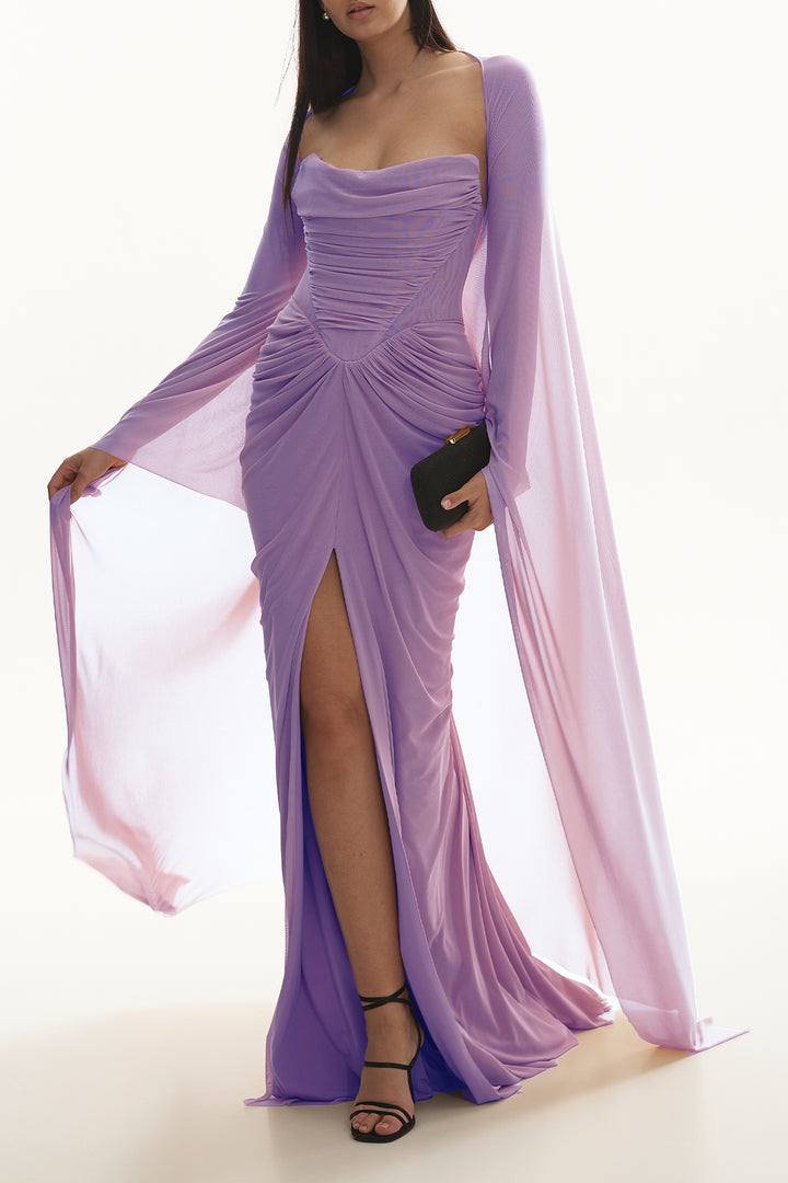 Mera Mesh Tulle Cape Gown In Soft-Lilac