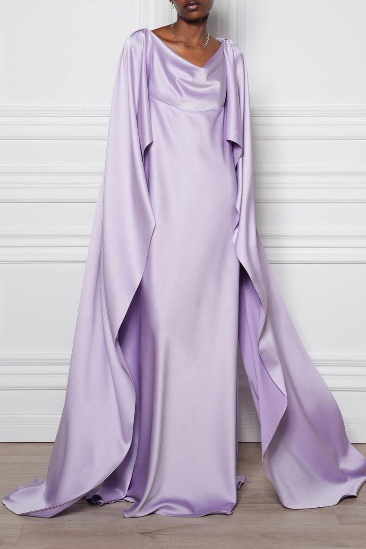 Wafa Cape-Effect Satin Long Dress In Lilac