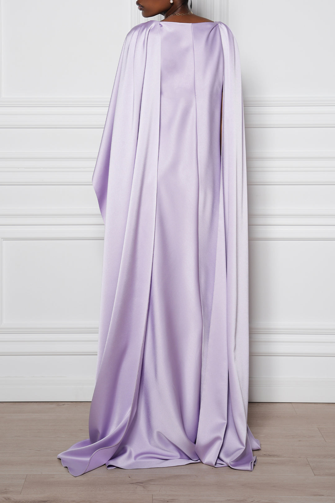 Wafa Cape-Effect Satin Long Dress In Lilac