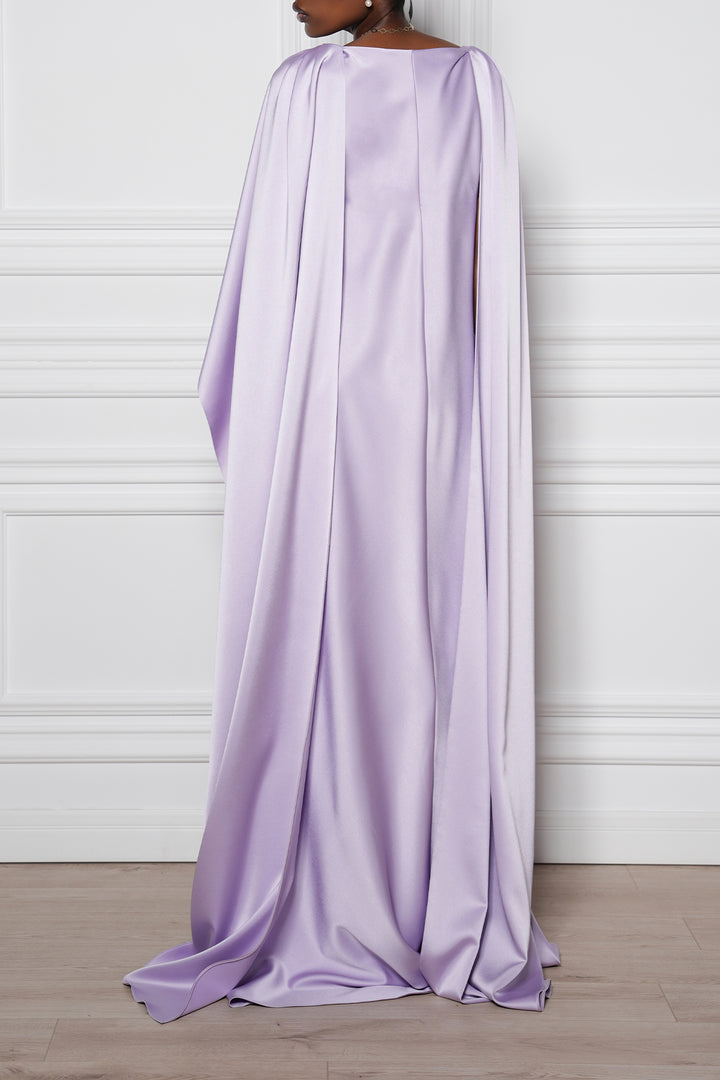 Wafa Cape-Effect Satin Long Dress In Lilac