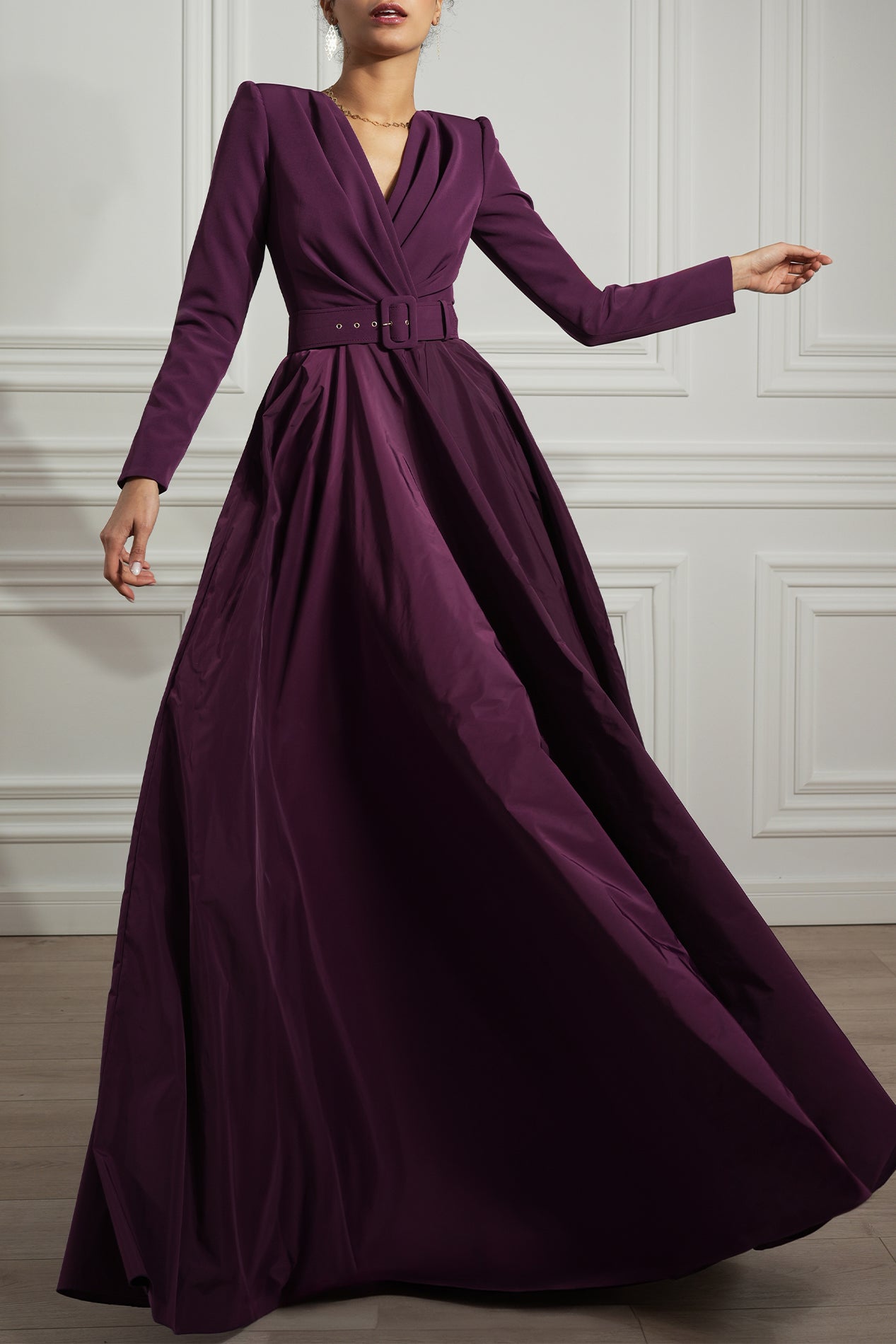 Carly Plum Taffeta and Crepe Long Dress Rhea Costa