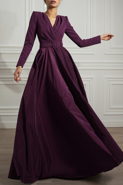 Carly Taffeta Crepe Long Dress In Plum  Rhea Costa