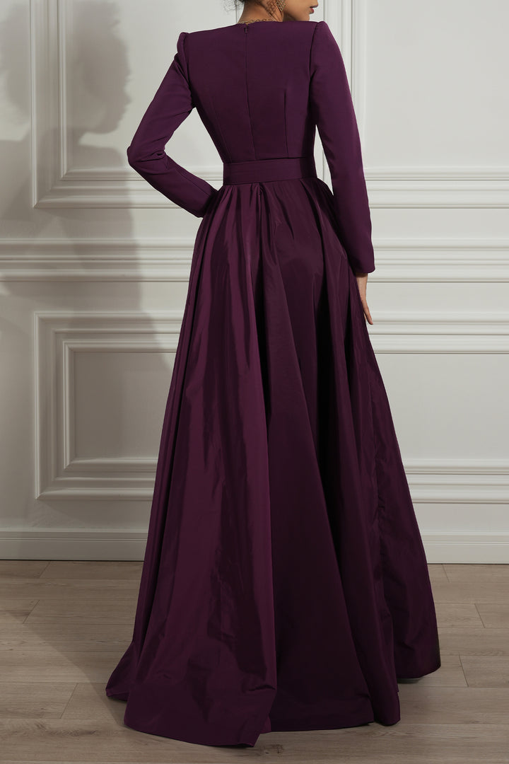 Carly Plum Taffeta and Crepe Long Dress