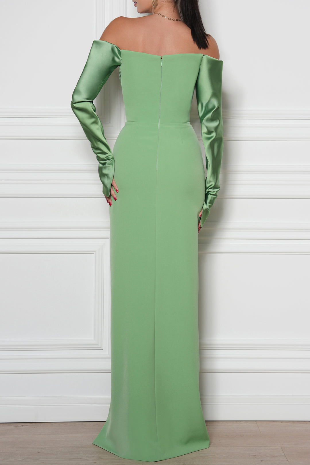 Cara Crepe Satin Long Dress In Avocado