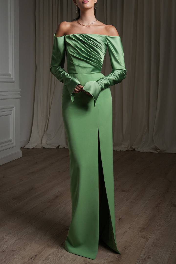 Cara Crepe Satin Long Dress In Avocado