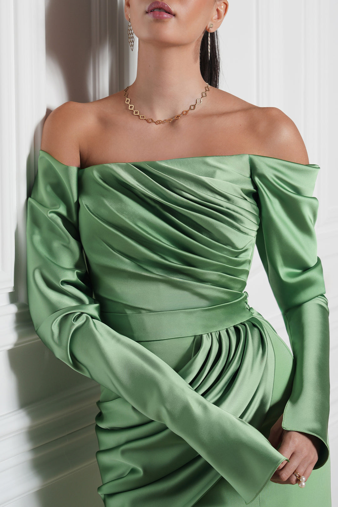 Cara Crepe Satin Long Dress In Avocado