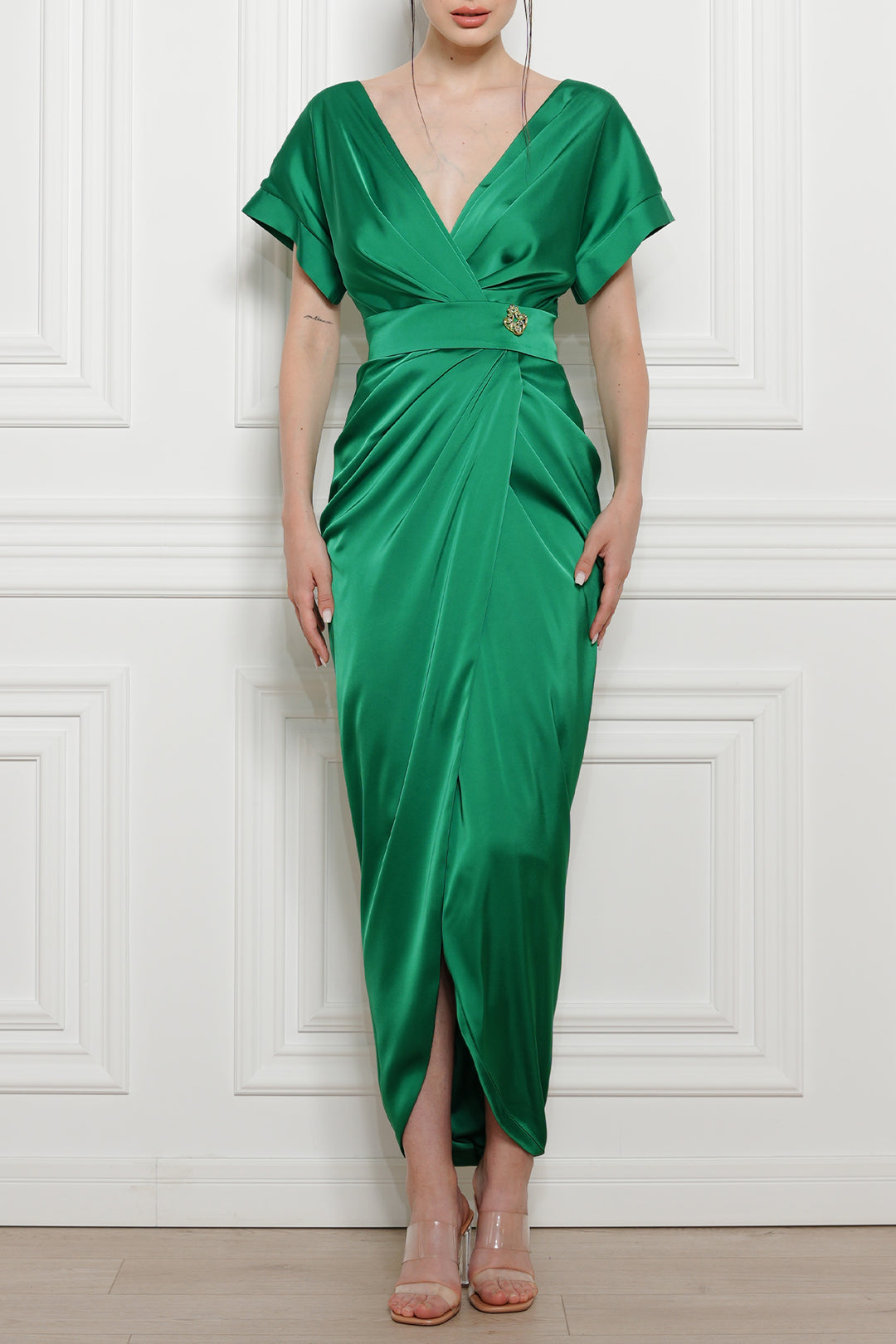 Jaya Satin Long Dress in Persian-Green Rhea Costa Jaya Satin Long Dress in Persian-Green Rhea Costa
