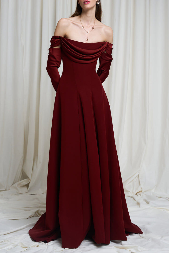 Salma Crepe Long Dress In Mahogany