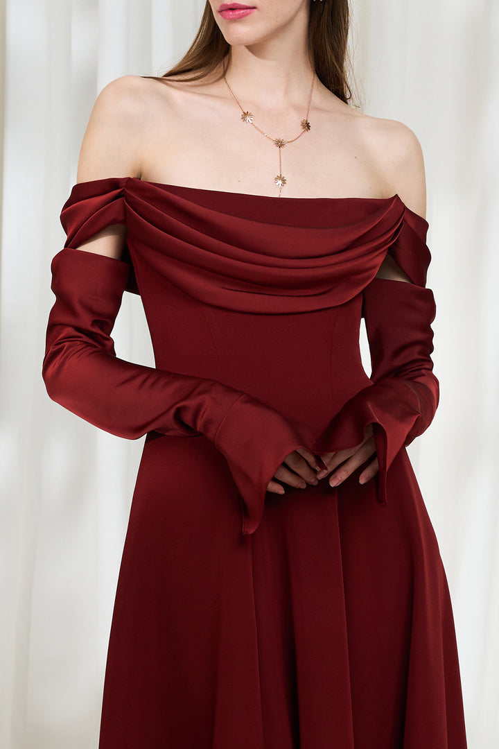 Salma Crepe Long Dress In Mahogany