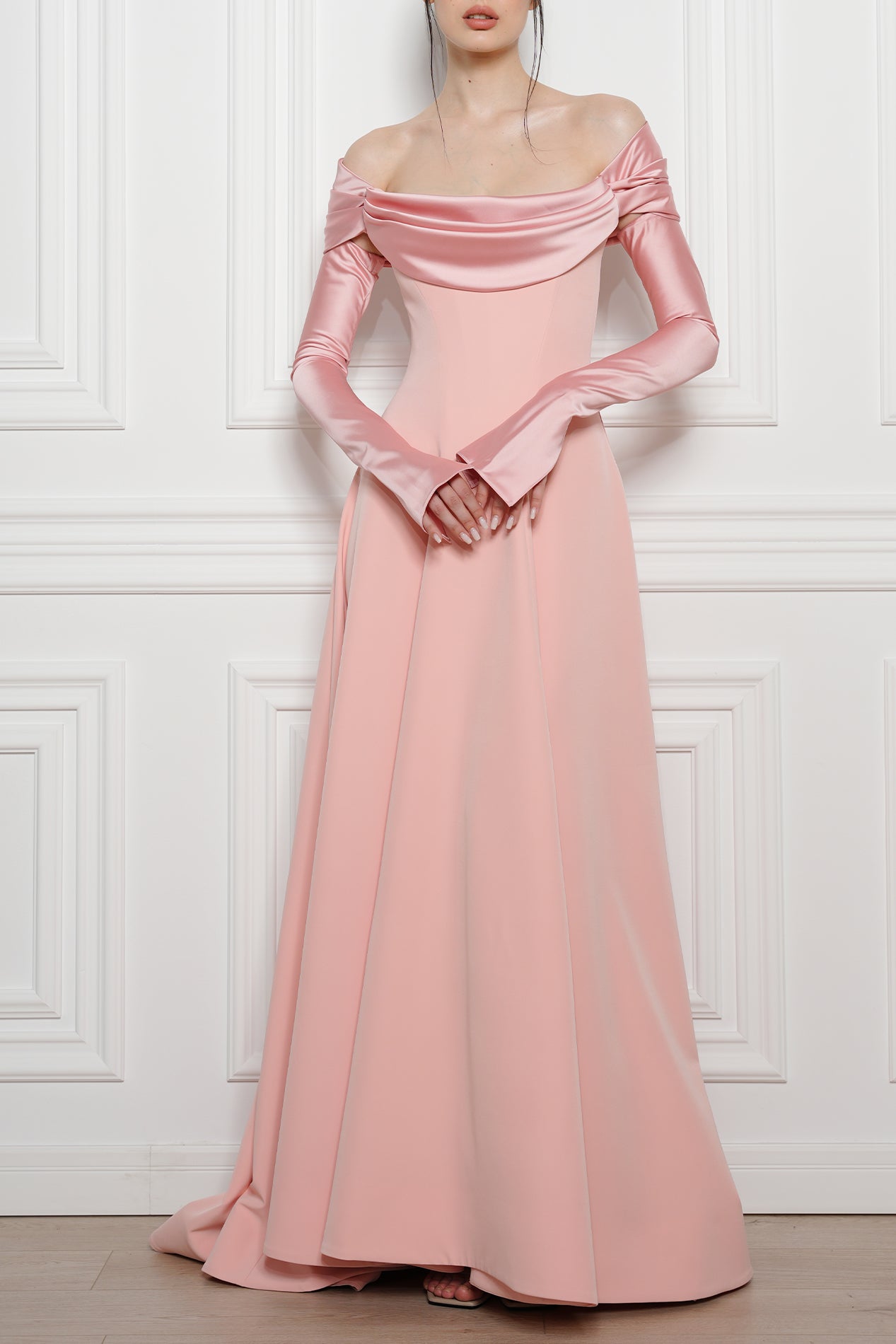 Salma Powder Pink Crepe Long Dress Rhea Costa