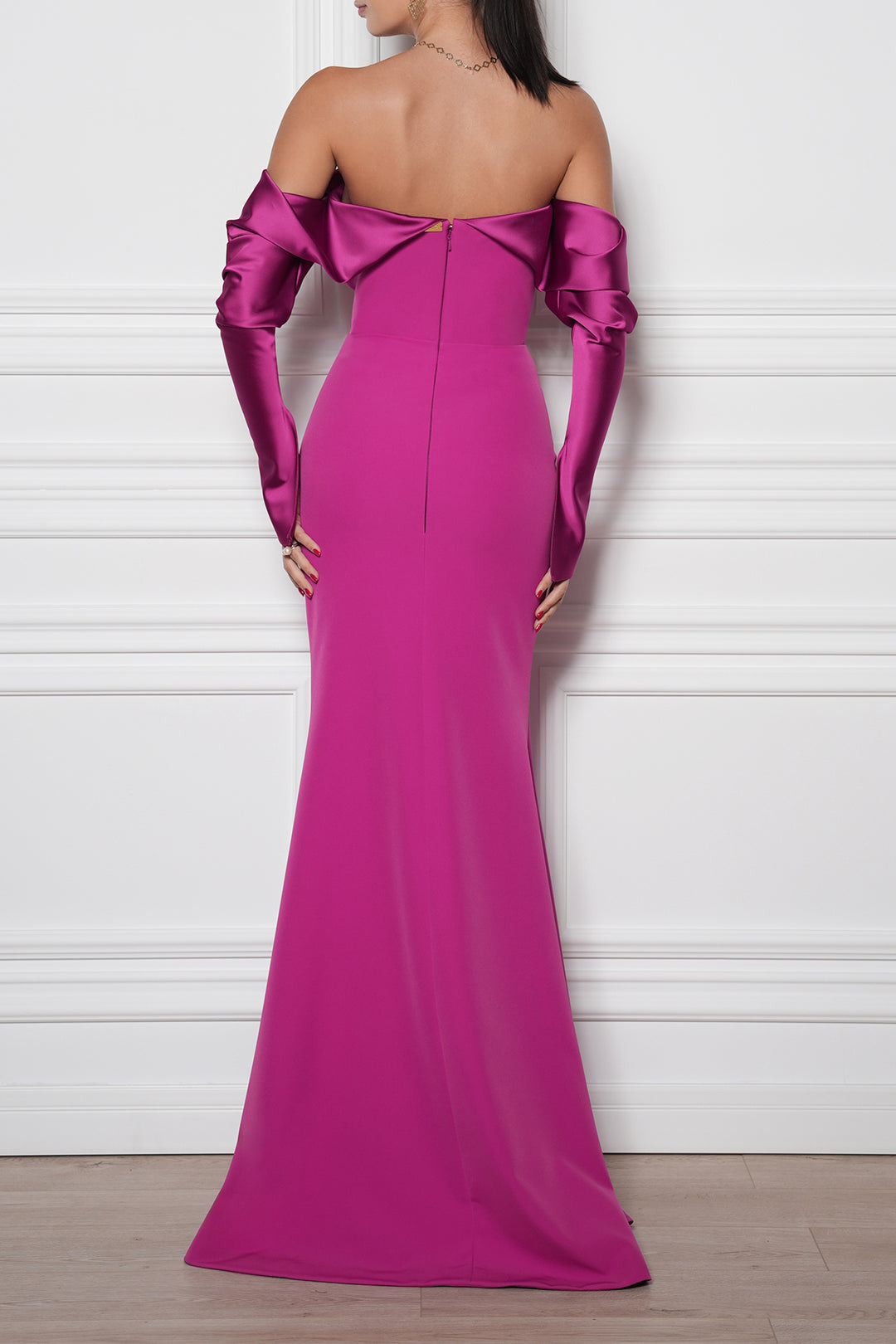 Hala Crepe Long Dress In Magenta