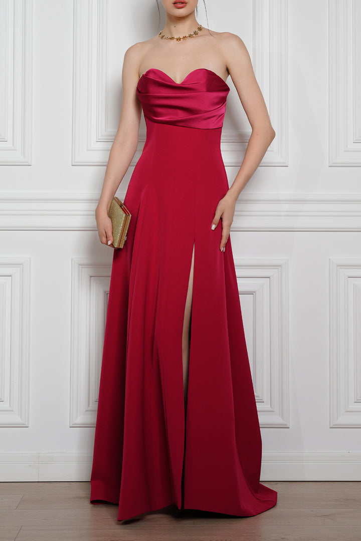 Shary Crepe And Satin Dress In Cherry