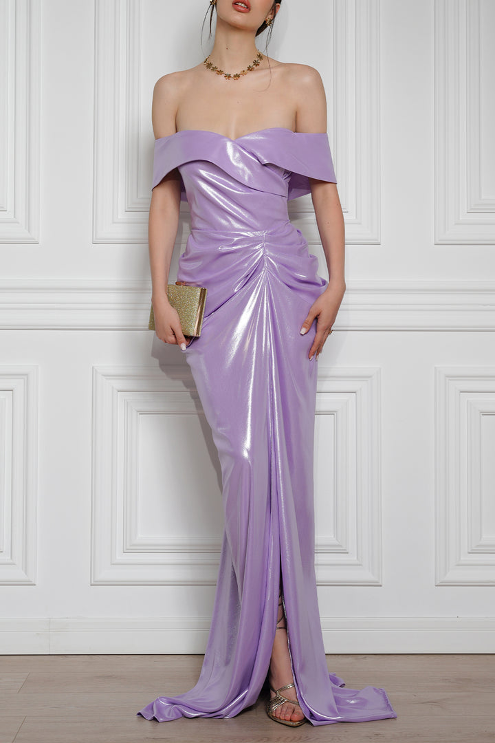 Athena Glossy Chiffon Long Dress In Lilac