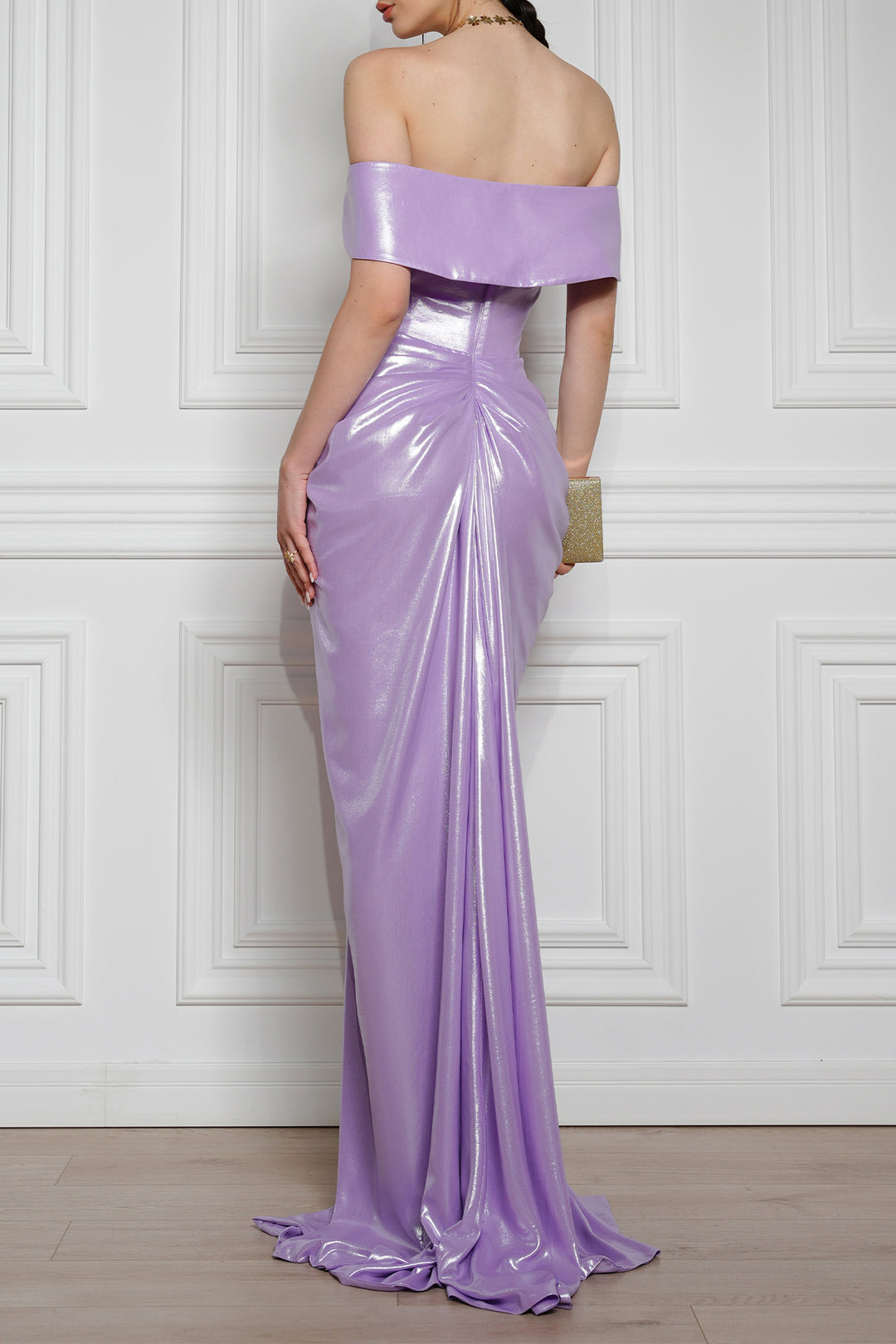 Athena Glossy Chiffon Long Dress In Lilac